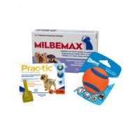 Pakket met Milbemax, Prac-tic en Chuckit! -